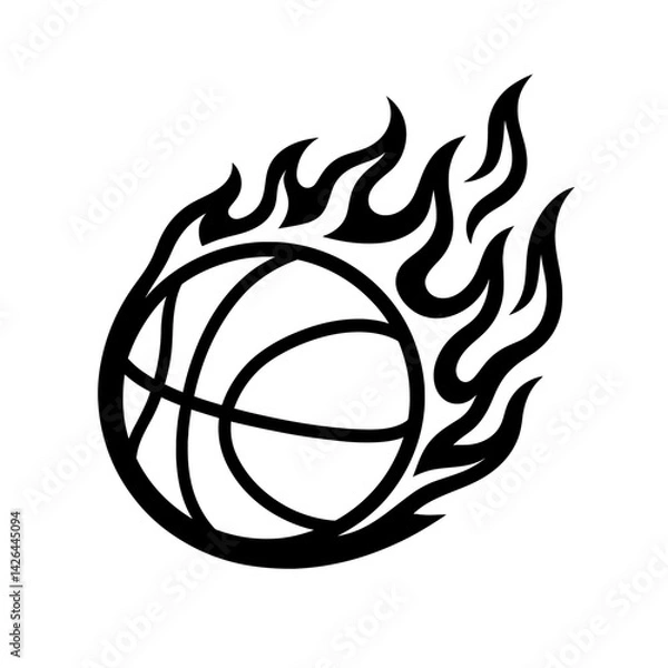 Obraz Vector illustration of a basketball surrounded by flames in black and white. Represents basketball, sports, and intense action.