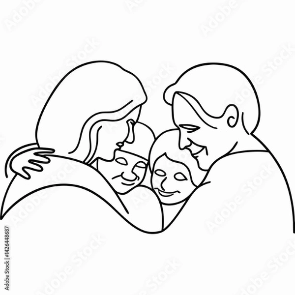 Fototapeta  Happy family hugging in minimalist line art drawing