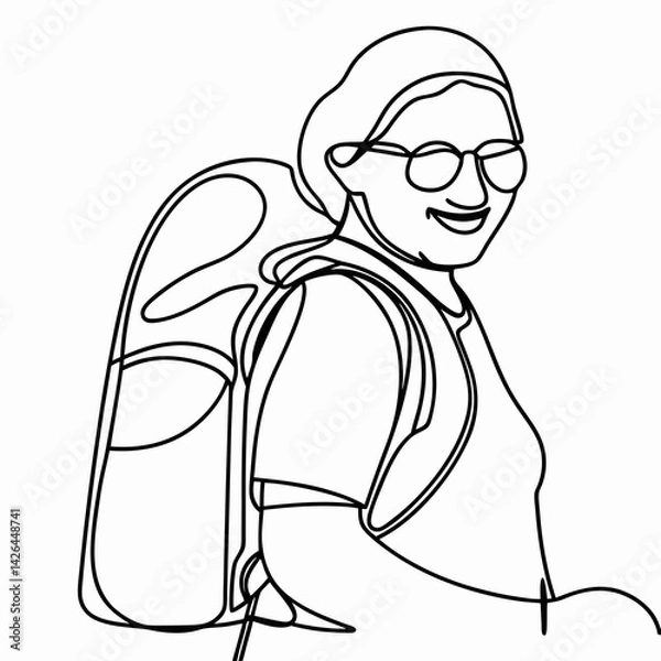Fototapeta  Smiling woman with backpack in minimalist line art style