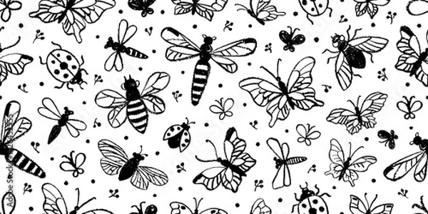 Fototapeta Seamless pattern with butterfly, bee, dragonfly. Black insect silhouette on white. Vector vintage abstract background design. Monarch butterfly, bug, bee bg. Floral drawing. Seamless insect pattern