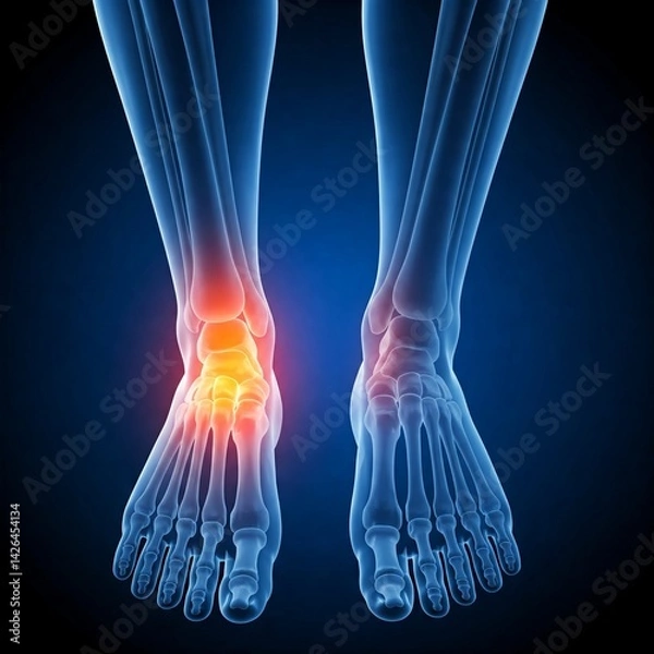 Fototapeta A digital illustration of human ankles and feet, with the bones in glowing blue and the left ankle highlighted in orange and red, possibly indicating pain or inflammation.