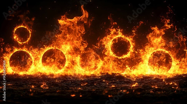 Fototapeta Fiery orbs rise above the dark textured ground consumed in flames against the backdrop of blackness
