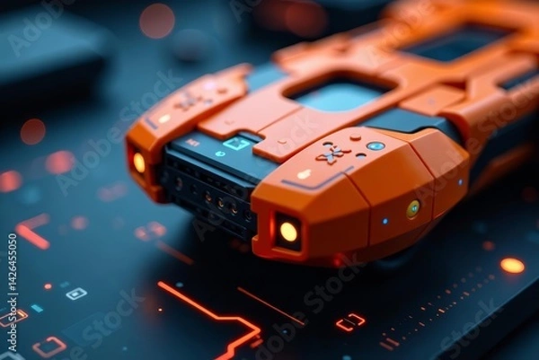 Fototapeta Macro shot of orange and blue tech device with futuristic design, macro, illuminated, modern