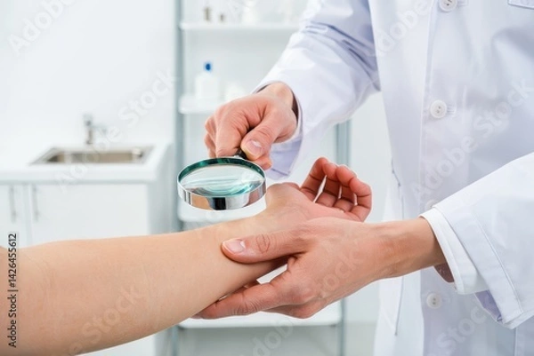 Obraz cropped view of dermatologist examining skin of patient with magnifying glass in clinic
