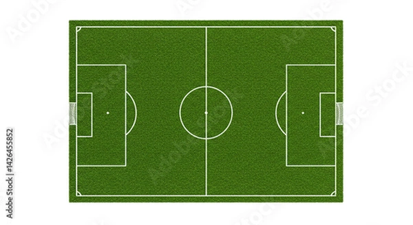 Fototapeta A top down view of a soccer field with white lines and goals on a black background in a digital image