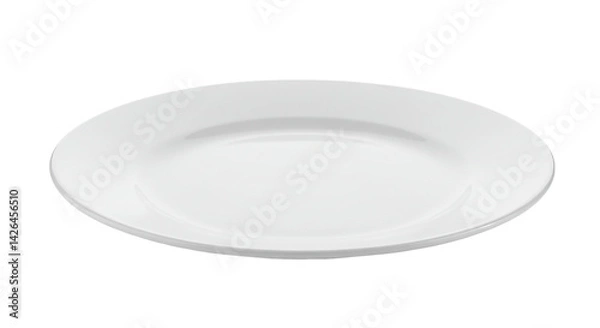 Fototapeta A slightly angled view of a plain white ceramic plate against a solid black background in a studio setting