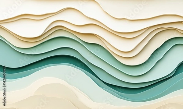 Fototapeta Abstract wavy paper layers, teal and beige tones, background texture, design element