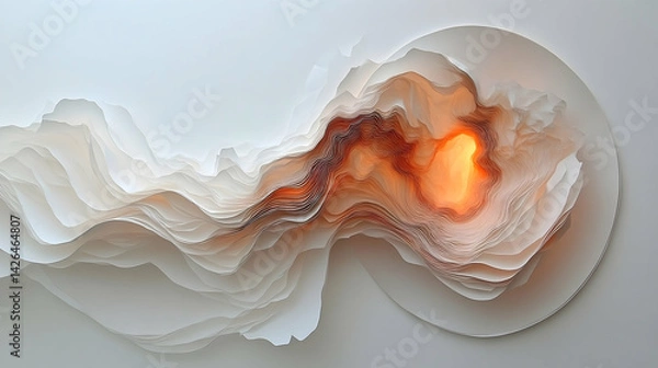 Fototapeta Layered paper art with warm hues Circular forms with a bright glowing core against a white background