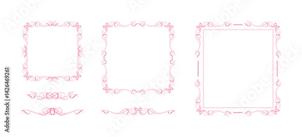 Fototapeta Hand drawn frames and matching text delimiters with bow ribbons. Elegant fully editable vignettes