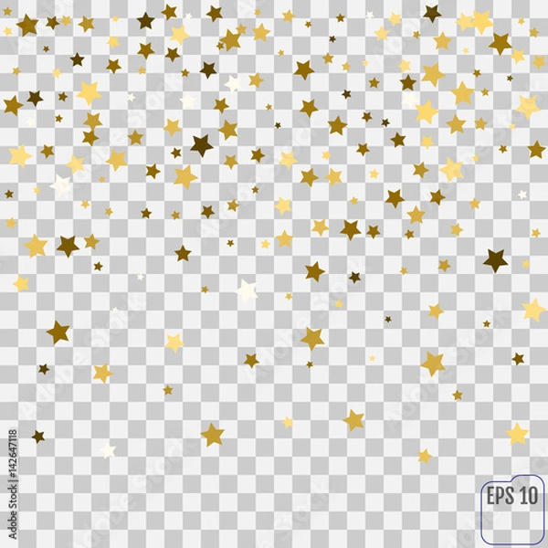 Fototapeta Abstract pattern of random falling golden stars on transparent background. Elegant pattern for banner, greeting card, Christmas and New Year card, invitation, postcard, paper packaging. Vector