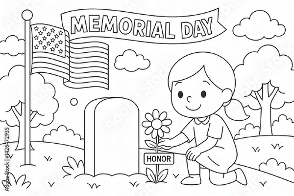 Obraz Memorial Day tribute coloring page with child honoring fallen soldiers