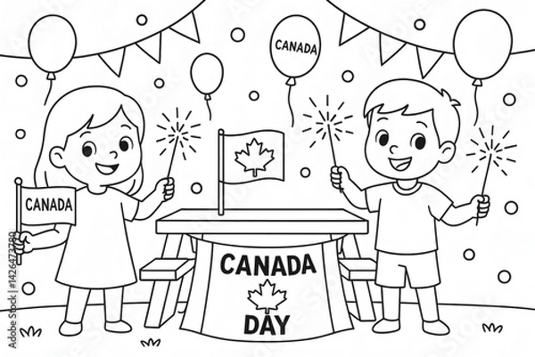 Obraz Canada Day Celebration Coloring Page for Kids with Children and Canadian Flags