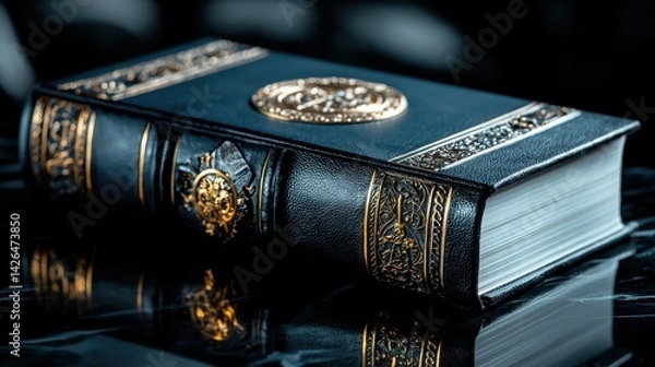 Fototapeta A book with gold embossing sits on a table