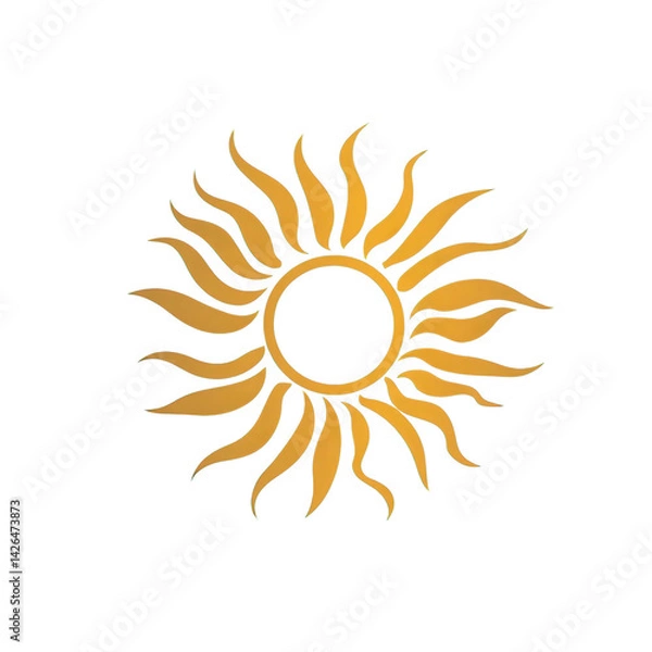 Fototapeta A golden sun symbol radiating warmth and light, set against a simple background, ideal for use in designs representing positivity and energy , isolated on white or transparent png