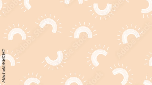 Fototapeta Cute Seamless Pattern with Hand Drawn Rainbows. Simple Abstract Print with Doodle Style White Rainbows on a Light Coral Background. Funny Childish Endless Design Ideal For Fabric, Textile. 