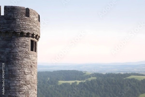 Fototapeta Castle Tower Overlooking a Tranquil Landscape at Dawn