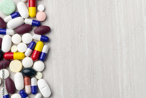 Obraz Assorted, different shape and color medication with copy space