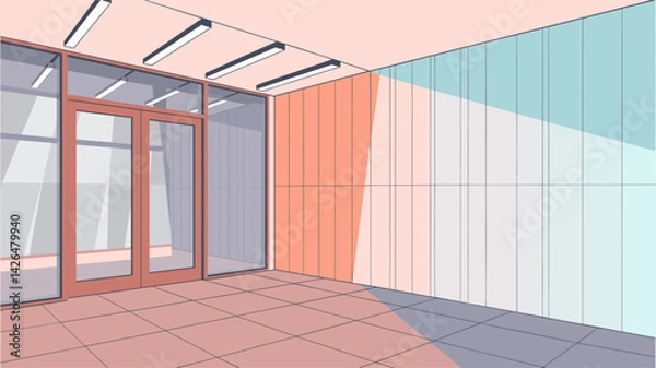 Fototapeta A room with a window and a door. The room is empty and has a light color. The light is coming from the window and is shining on the wall