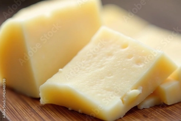 Obraz Close-up of sliced white cheese, showing texture, close-up, macro