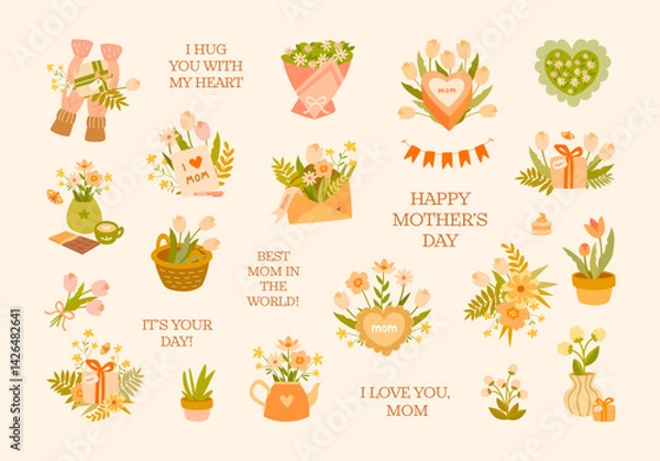 Obraz A set of spring floral elements and compositions in warm pastel colors for Mother's Day or spring holidays. Bouquet of flowers, gifts, signatures. Perfect for cards, flyers, invitations