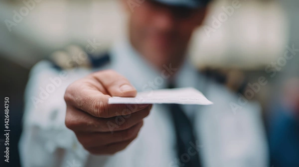 Obraz pilot handing ticket with friendly gesture