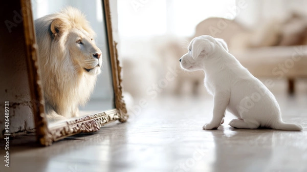 Fototapeta puppy_looking_in_the_mirror_and_seeing_a_Lion