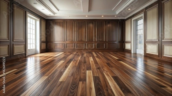 Fototapeta Elegant Empty Room with Dark Wood Paneling and Gleaming Hardwood Floors
