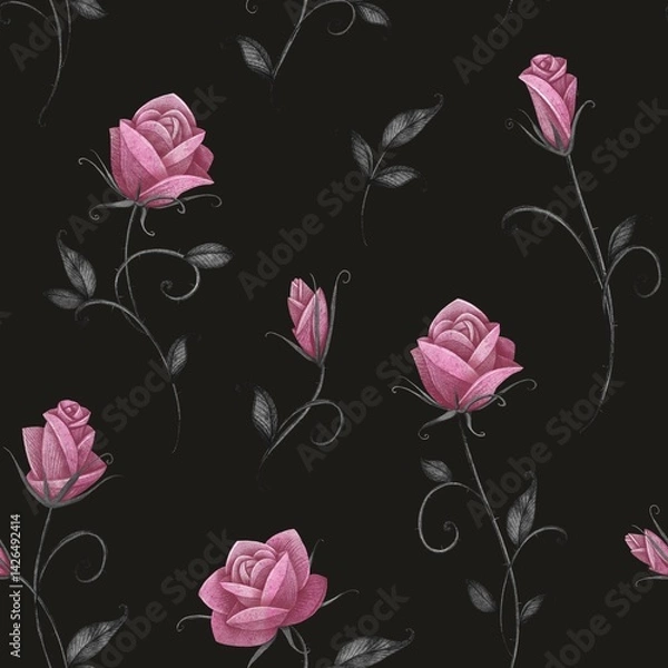 Fototapeta Seamless pattern with roses. Black background. Stock illustration.