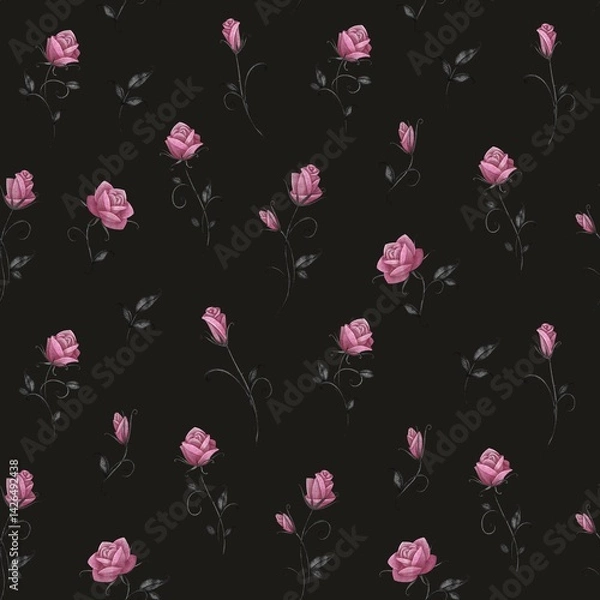 Fototapeta Seamless pattern with roses. Black background. Stock illustration. Small pattern.
