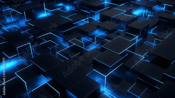 Fototapeta 3d rendering of black and blue abstract geometric background. Scene for advertising, technology, showcase, banner, game, sport, cosmetic, business, metaverse. Sci-Fi Illustration. Product display