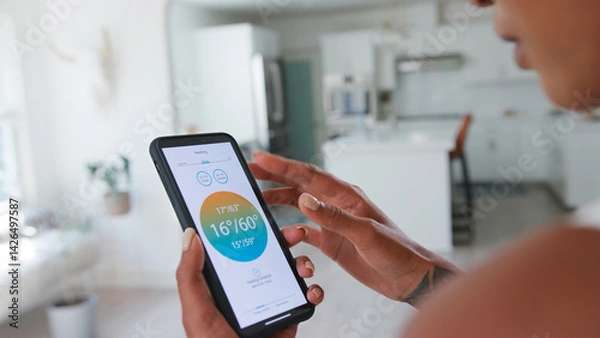 Fototapeta Close Up Of Woman Controlling House Central Heating Temperature Using App On Mobile Phone