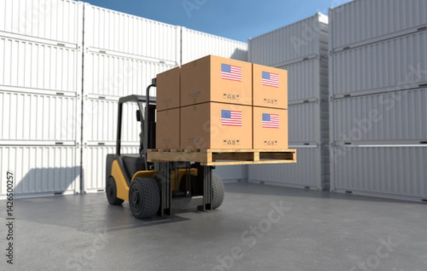 Fototapeta A forklift is loading goods from the United States for export. 3D illustration