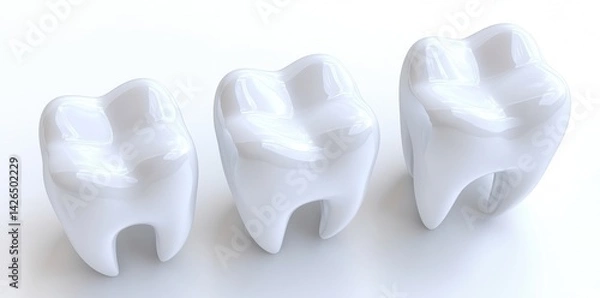 Fototapeta A 3D illustration displays the anatomy of a permanent lower canine tooth from multiple angles, including buccal, proximal, lingual, and occlusal views, to showcase dental anatomy