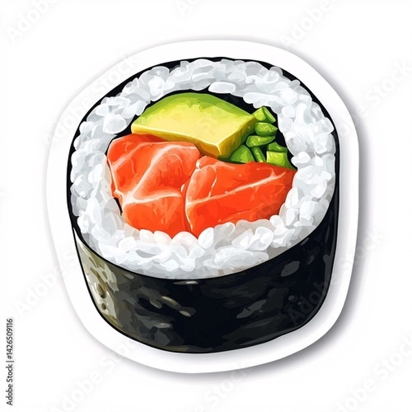 Obraz Sushi Roll Sticker with Salmon, Avocado and Wasabi in Clean Circular Shape