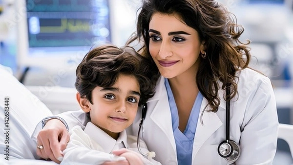 Obraz A caring doctor smiling with a young child in a hospital setting, showcasing compassion and professional healthcare support.