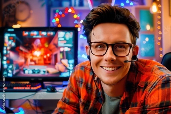 Obraz A young man with a headset smiles enthusiastically while gaming. The vibrant and colorful setup includes a computer monitor displaying an engaging video game scene.