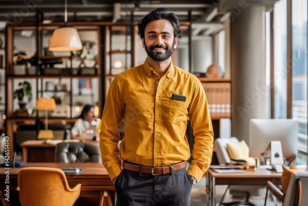 Obraz Confident businessman smiling in a modern office, embodying professionalism and success in a contemporary workspace setting.