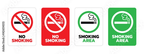 Fototapeta No smoking and smoking area concept with sign vector set, stop sign, text and cigarette. Sign for public, flat vector isolated on white background.