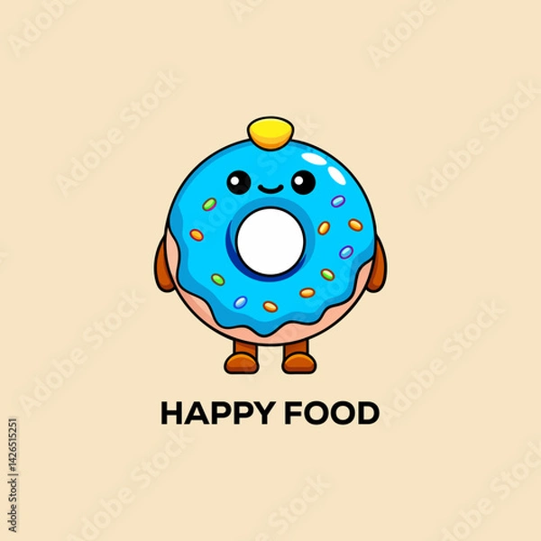 Fototapeta Funny donut cartoon character, happy donut vector, donut with eyes. sweet dessert vector illustration