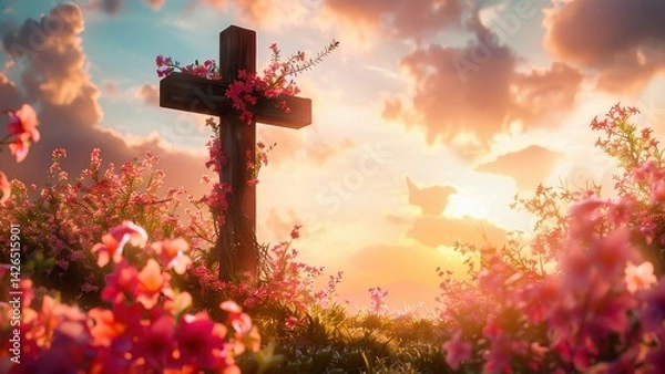 Obraz A wooden cross surrounded by vibrant flowers at sunset, creating a serene and spiritual atmosphere in nature.