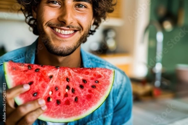 Obraz A young man smiling and holding a juicy slice of watermelon in a casual kitchen setting, capturing the essence of summer and leisure.