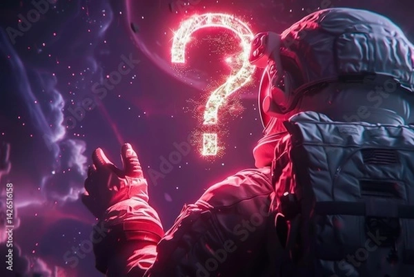 Obraz An astronaut in space gesturing towards a glowing question mark, symbolizing cosmic exploration and curiosity in the universe.