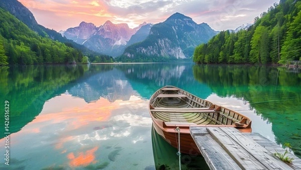 Obraz A serene landscape with a calm lake reflecting mountains at sunset. A wooden boat is docked, enhancing the tranquil vibe.