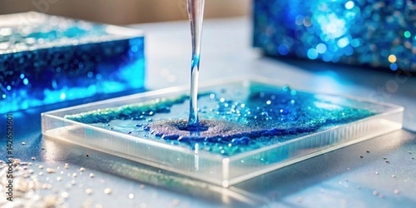Fototapeta Creating a translucent resin artwork a detailed close-up view of vibrant blue resin being poured into a clear mold, showcasing the process of crafting a unique decorative piece.