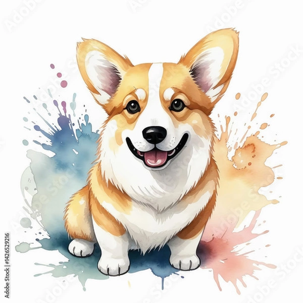 Fototapeta corgi, cute dog, fluffy pet, image, watercolor illustration. artificial intelligence generator, AI, neural network image. background for the design