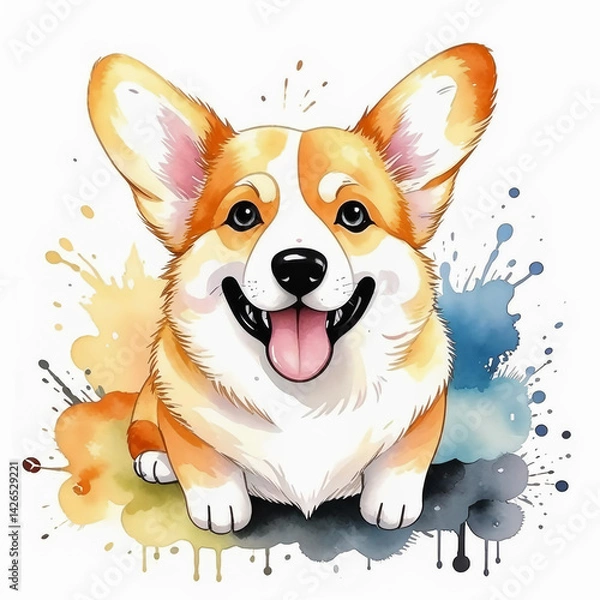 Fototapeta corgi, cute dog, fluffy pet, image, watercolor illustration. artificial intelligence generator, AI, neural network image. background for the design