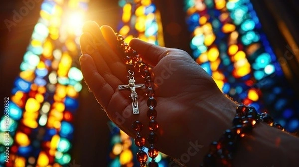 Obraz Prayerful hands holding rosary in church with stained glass