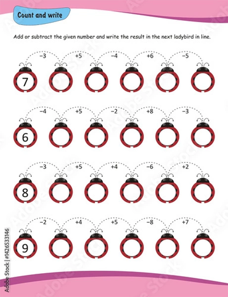 Fototapeta Addition and subtraction worksheet, addition for preschool and kindergarten, Solve and write activity. Count and write worksheet