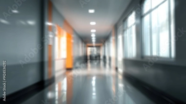 Fototapeta A blurred image of a long hospital corridor with bright lighting and an orange accent wall. The sterile, clean atmosphere is evident.