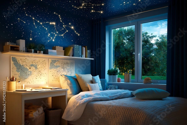 Obraz dreamy desk with star projector and constellation maps,